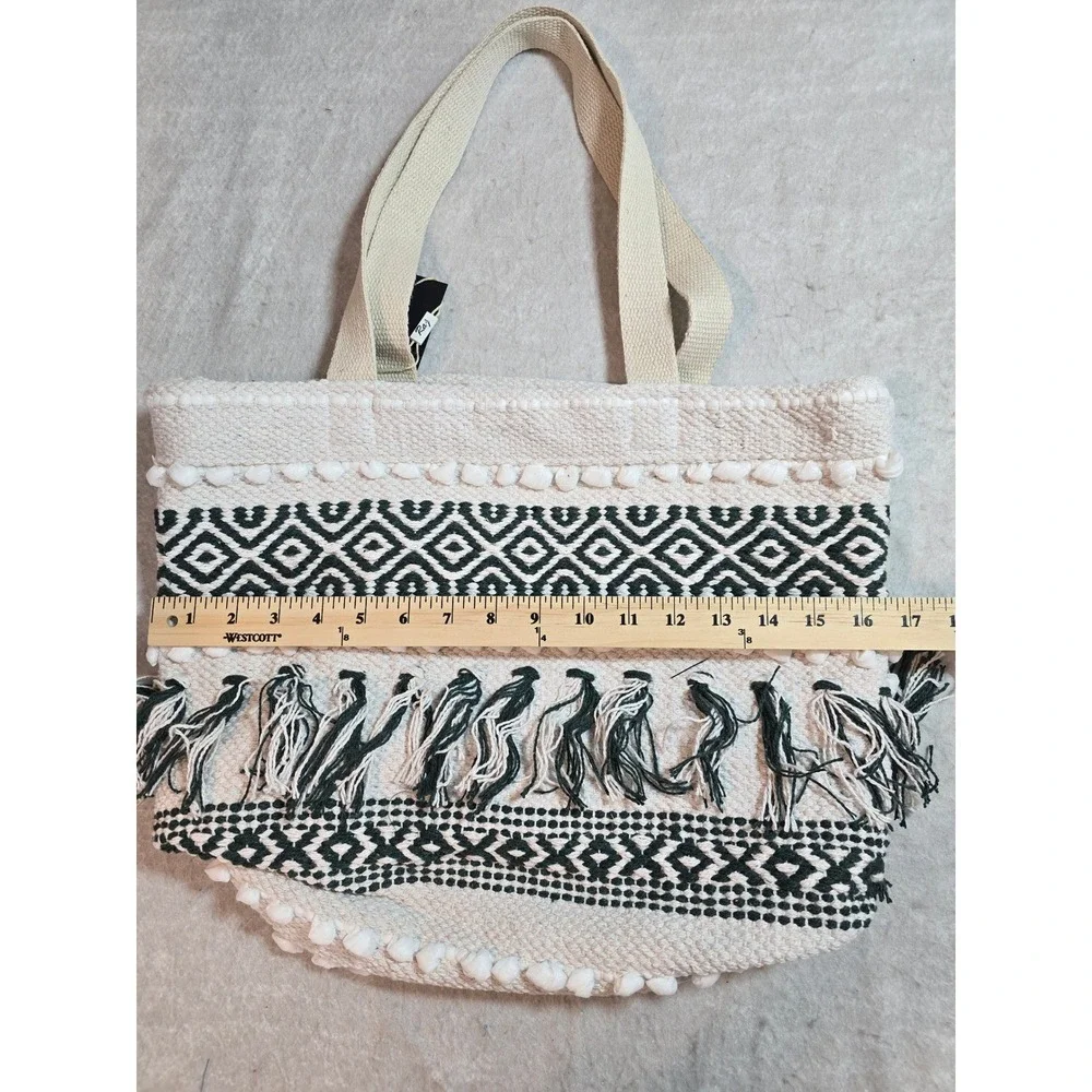 Raj XL Women Woven Cotton Boho Tote Bag Green White Geometric Fringe Pom Pom NEW